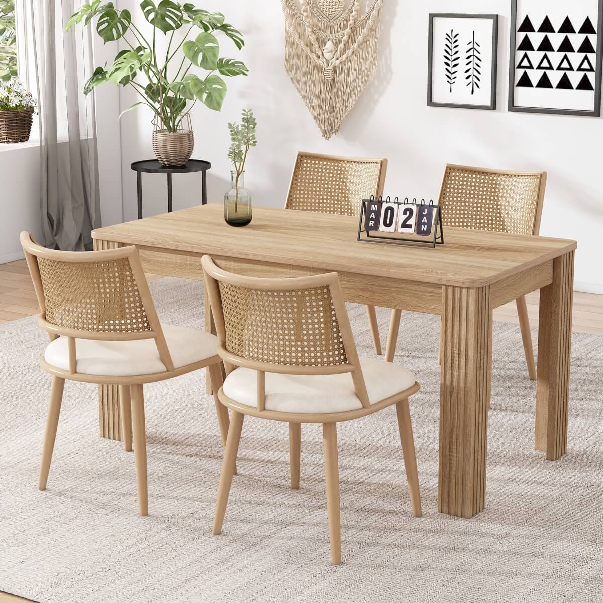 Set of 2 PU & Rattan Kitchen Chairs ¨C Bamboo Frame Retro Side Chairs for Home, Caf¨¦ & Restauran