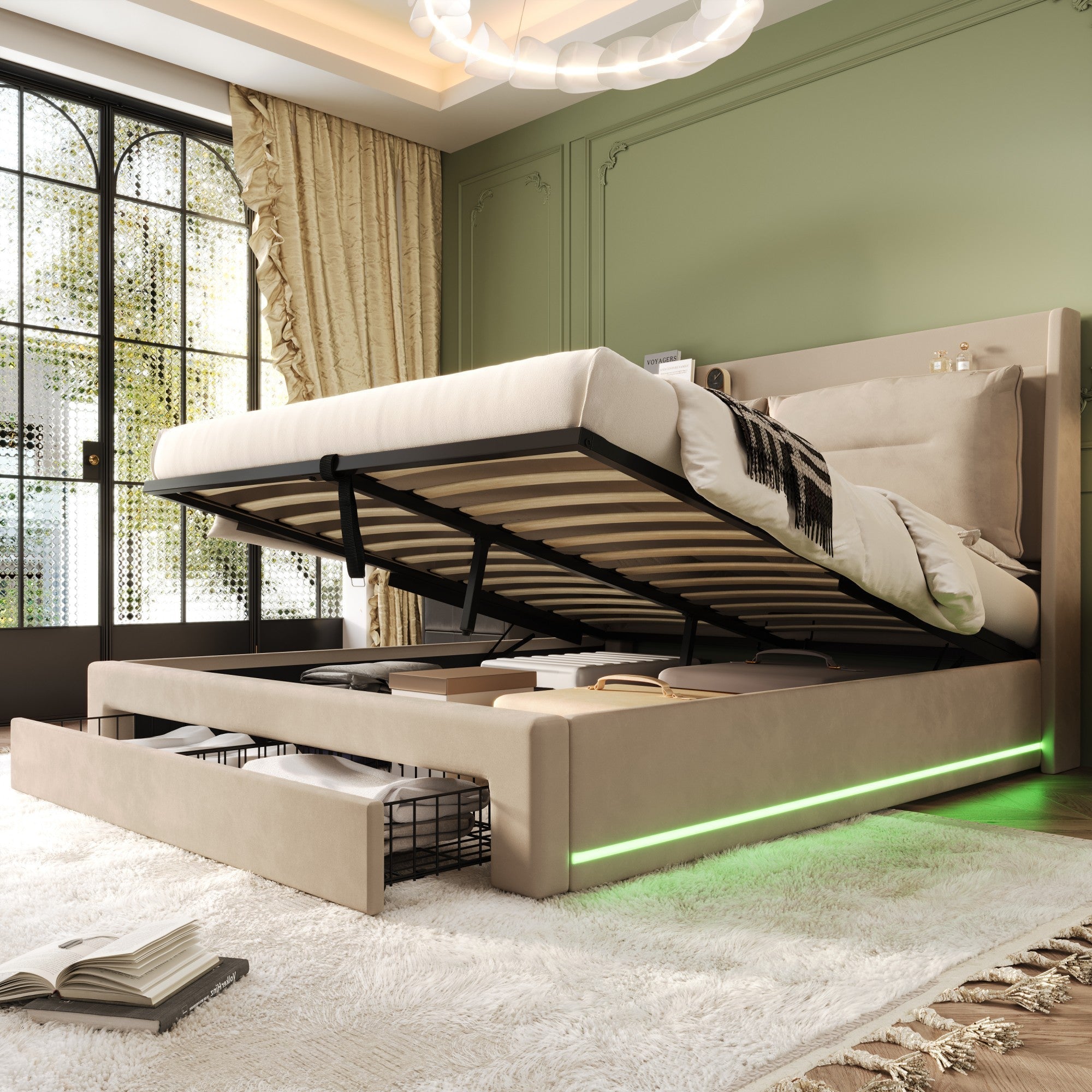 Upholstered Bed, 135x190cm (4ft6) Double, Hydraulic with 2 Storage Drawers & LED Lights, Beige Velvet