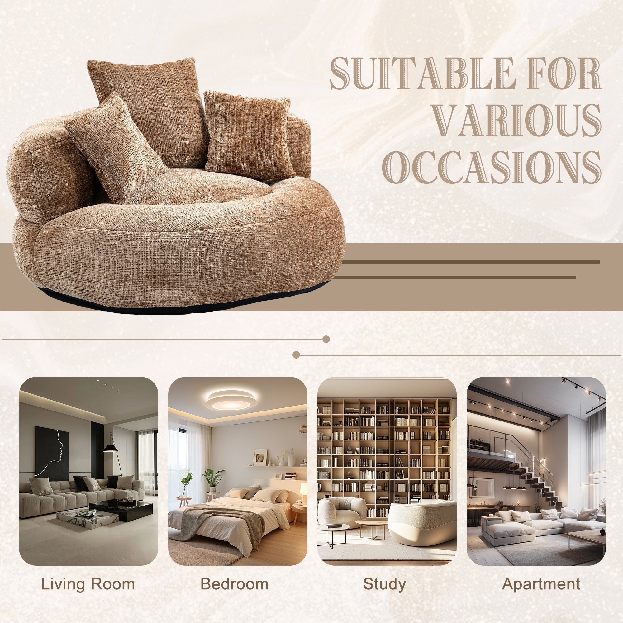 COOLMORE Lazy Sofa Durable Comfort Lounger High Back Bean Bag Chair Couch With Three Pillows for Adults and Kids, Indoor & Outdoor, Single Gaming Sofa Chair For Bedroom,Office (Coffee Chenille)