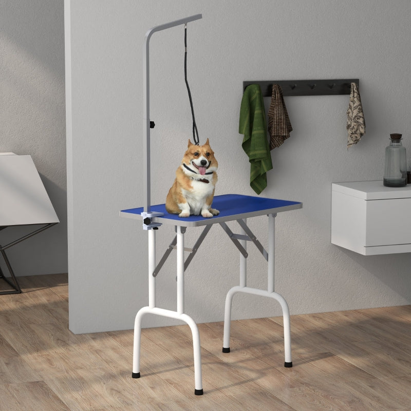 Dog Grooming Table, Foldable Adjustable Fixed Arm Rubber Top, Blue
