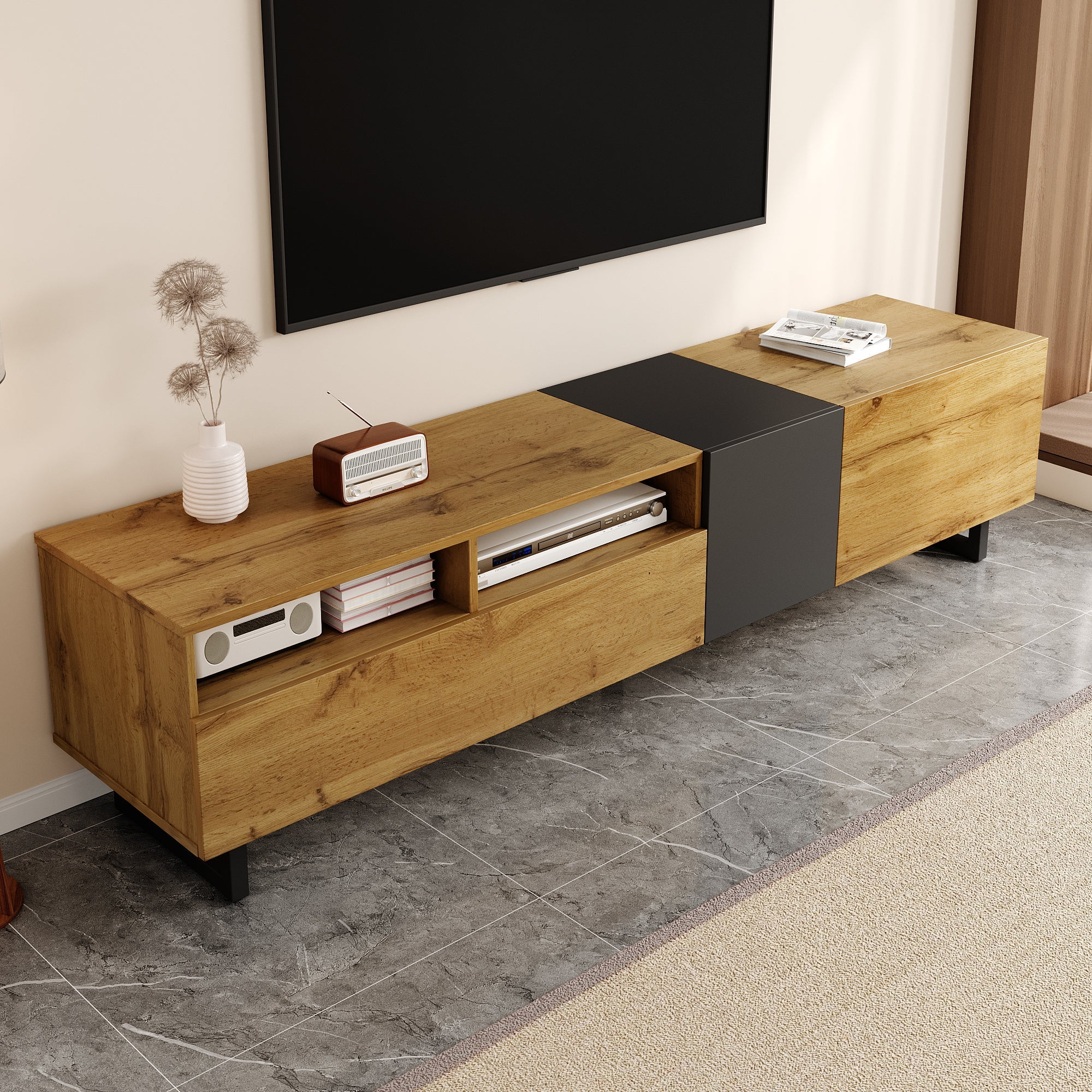 Colorblock TV Cabinet, Three Doors Two Compartments U-Shaped Legs, Retro Wood Grain