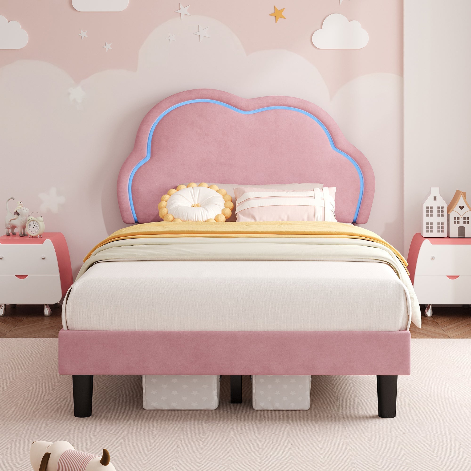 3ft Single Upholstered Bed with LED Adjustable Cute Cloud Headboard, Pink Soft Velvet