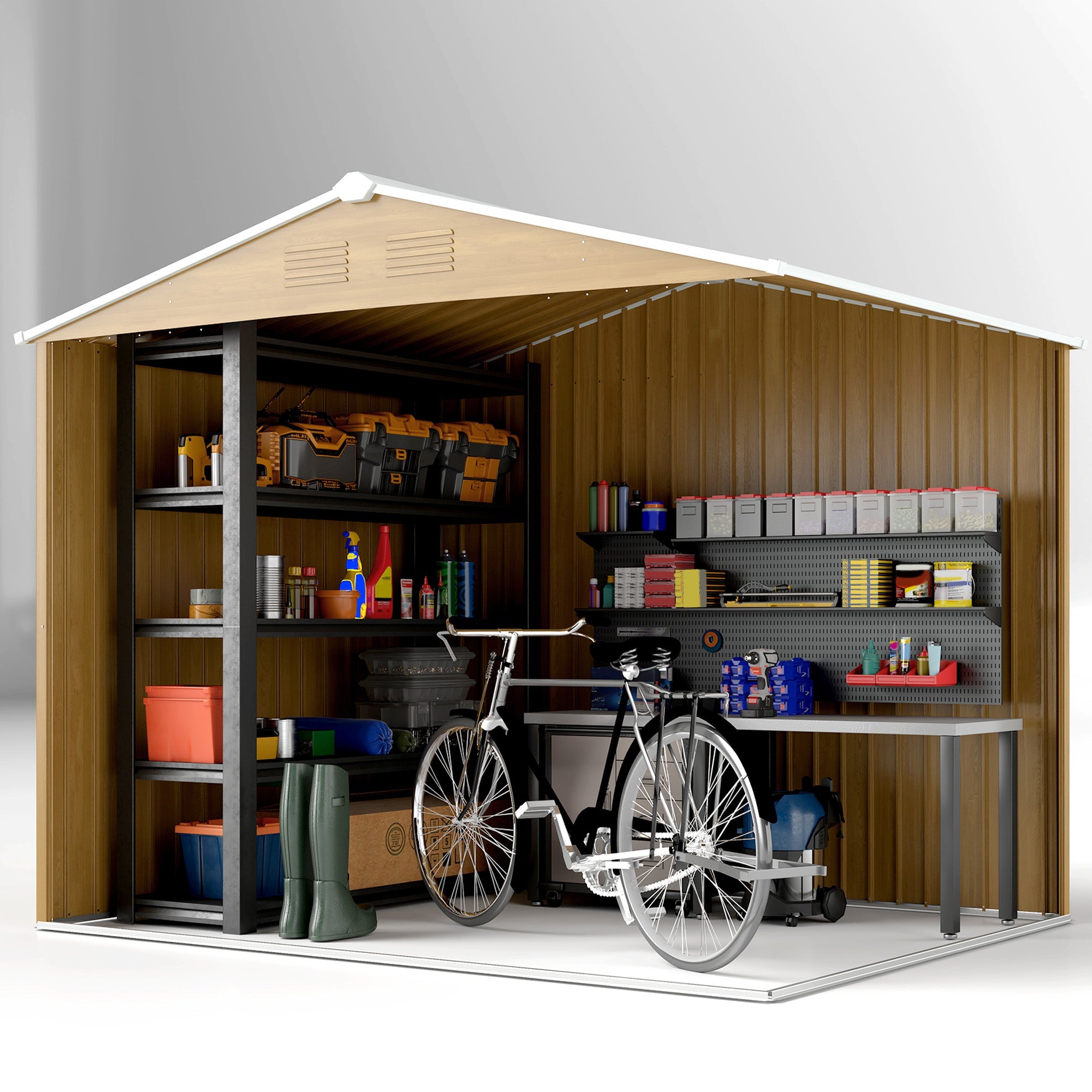 Galvanised Steel Shed, Double Door - Brown