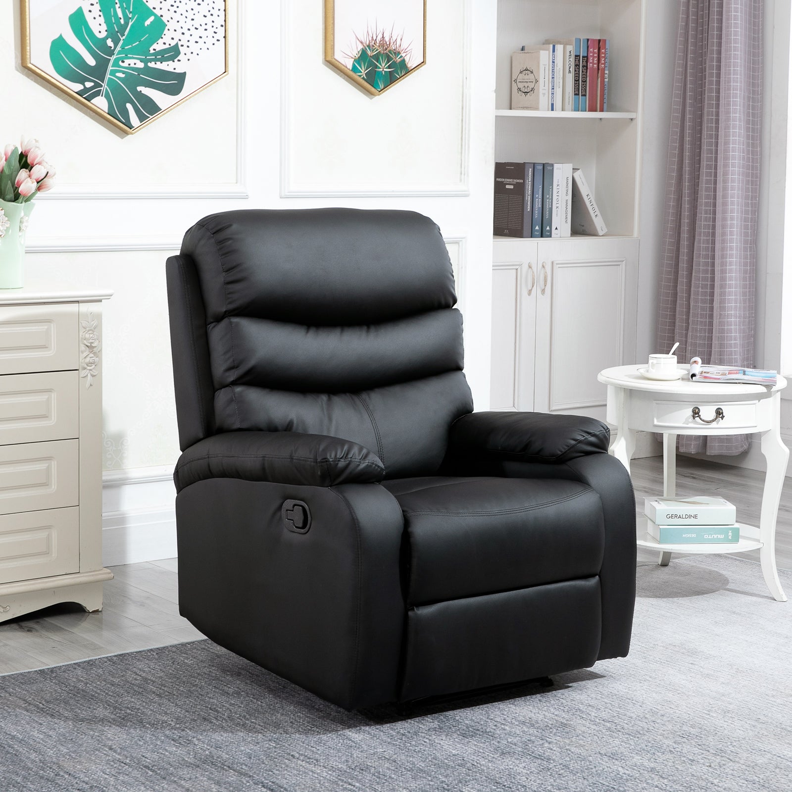 Reclining Chair Manual with Padded Armrests Retractable Footrest, Black PU Leather