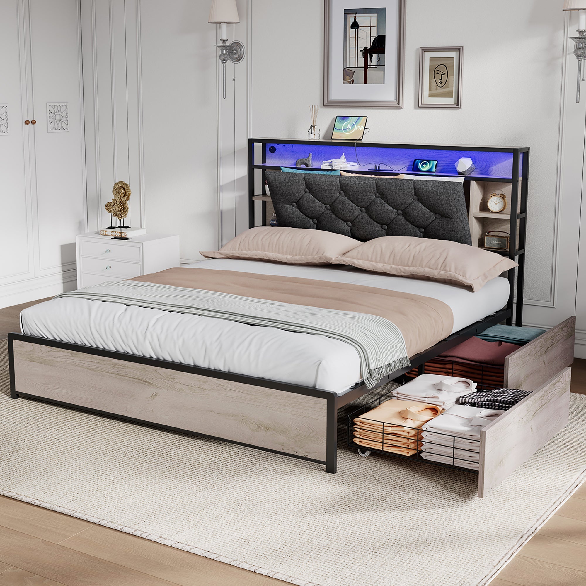 4ft6 Double Bed with Storage, LED Lighting, Grey Linen