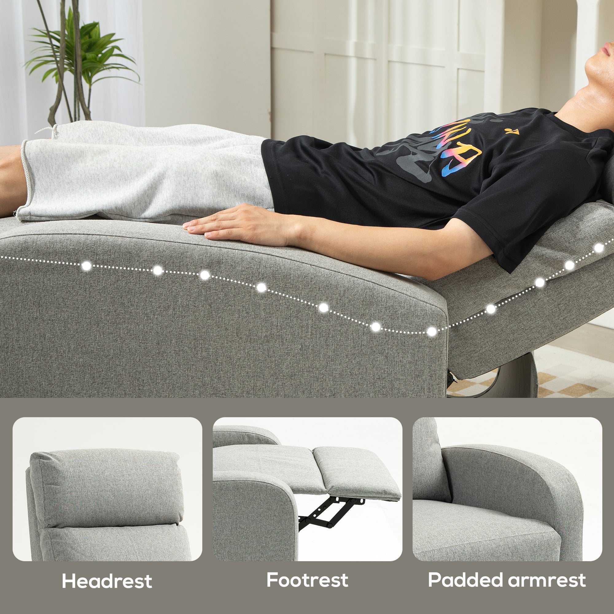 Recliner Armchair with Footrest, 135¡ã Push Back - Grey