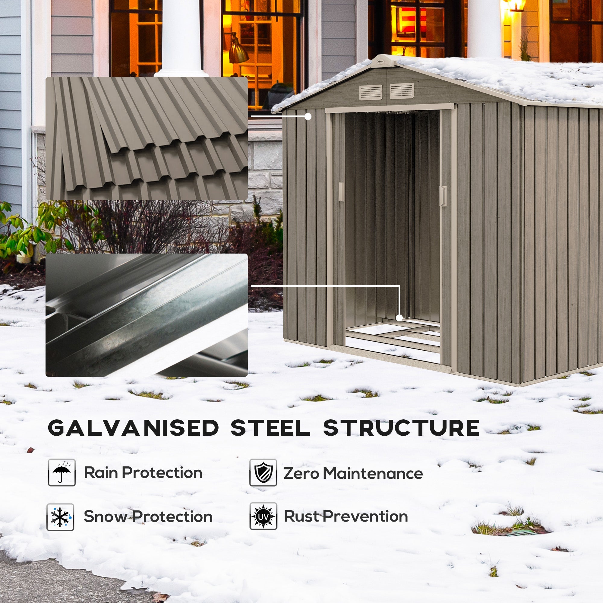 Metal Garden Storage Shed with Vents, Floor Foundation Kit, Lockable Double Doors, Light Brown