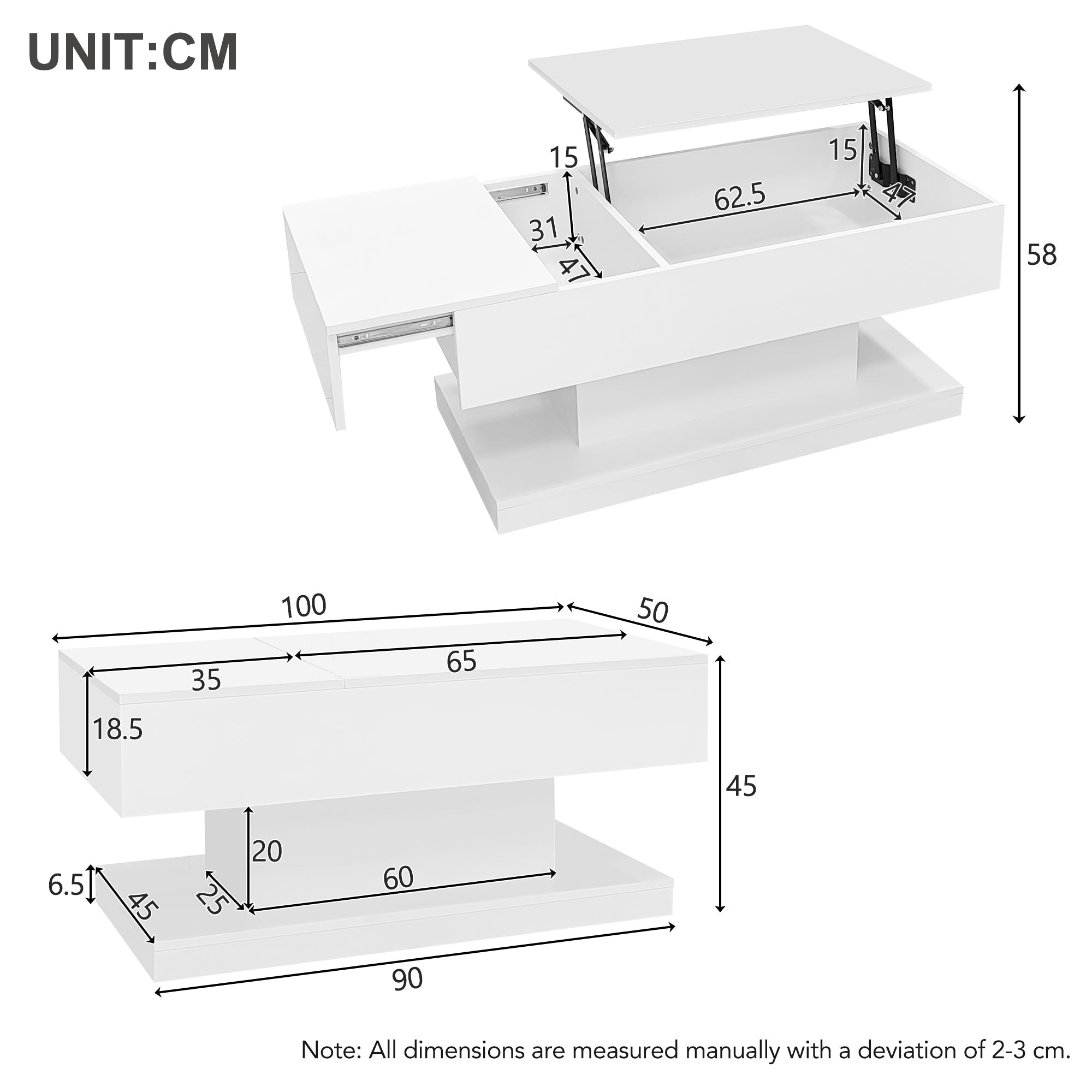 High Gloss Lift Up Top Coffee Table with Storage, Extendable Desktop Dinning Table 100 x 50 x 45 cm, Height Adjustable Tabletop, Retractable Desk
