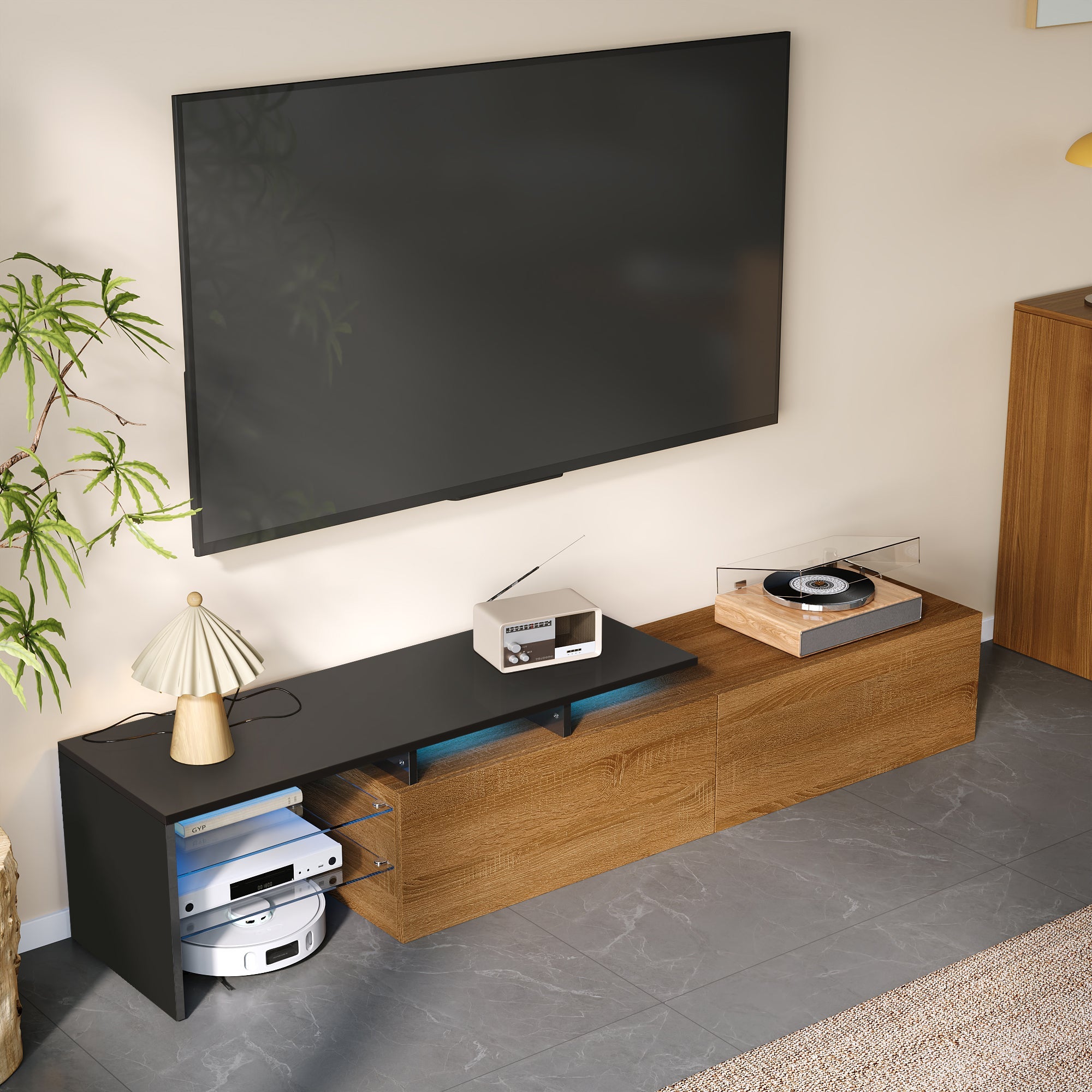 Modern TV Cabinet: Stylish, Elegant, Practical Storage with Glass Shelves, LED Lighting - Black and Wood Look