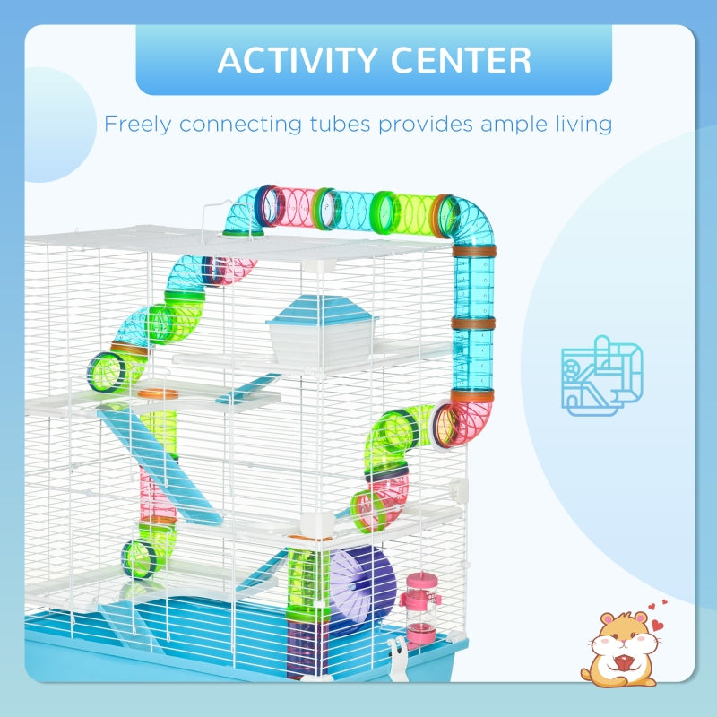 Hamster Cage with Water Bottle, Exercise Wheel, Tubes, Ramps - Light Blue