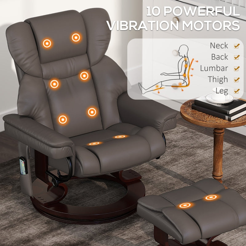 Massage Recliner Chair with Footstool, Adjustable Backrest, Swivel, Brown