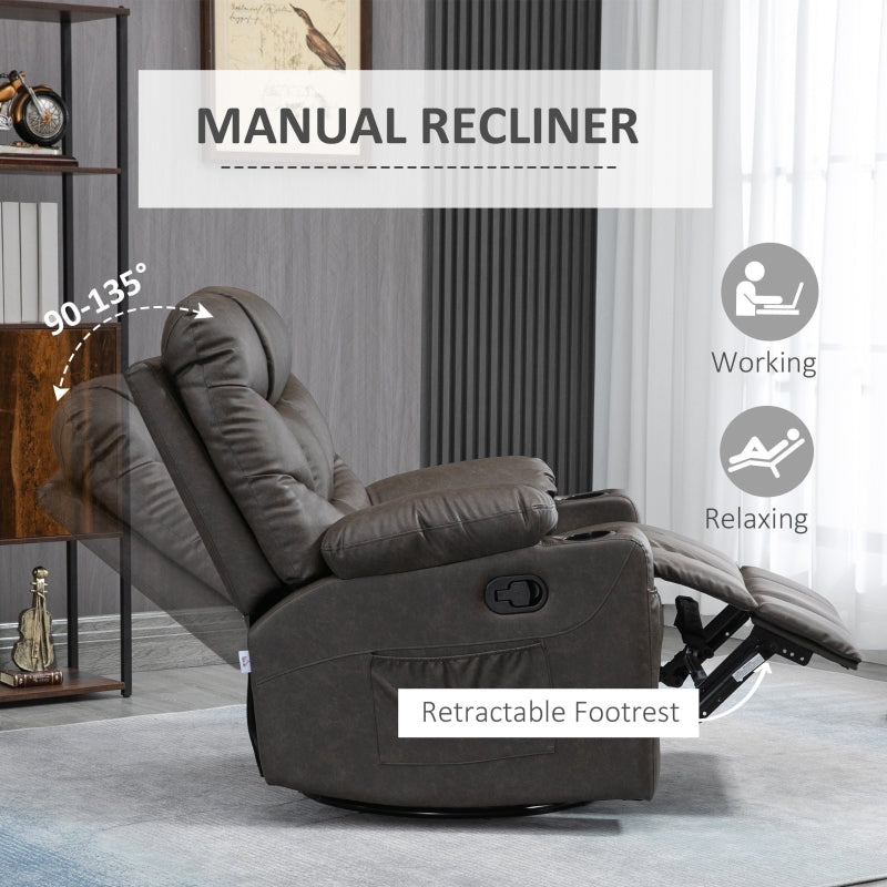 Manual Reclining Chair with Footrest, Cup Holders, Faux Leather Brown