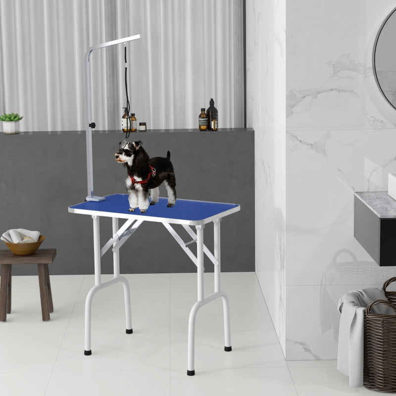 Dog Grooming Table, Foldable Adjustable Fixed Arm Rubber Top, Blue