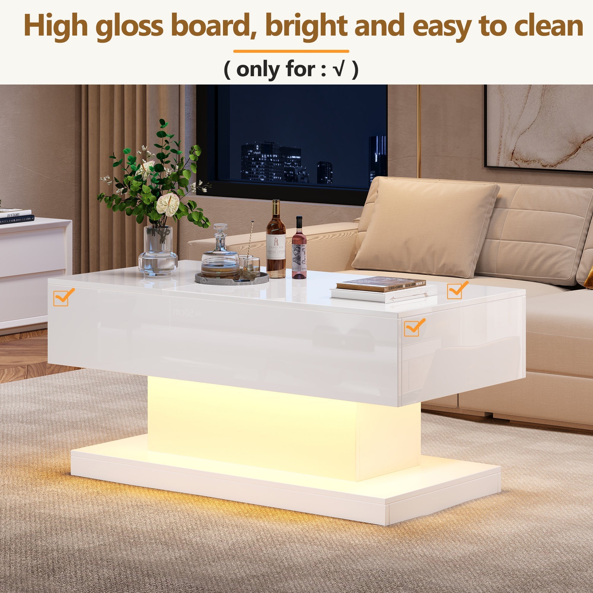 High Gloss Lift Up Top Coffee Table with Storage, Extendable Desktop Dinning Table 100 x 50 x 45 cm, Height Adjustable Tabletop, Retractable Desk