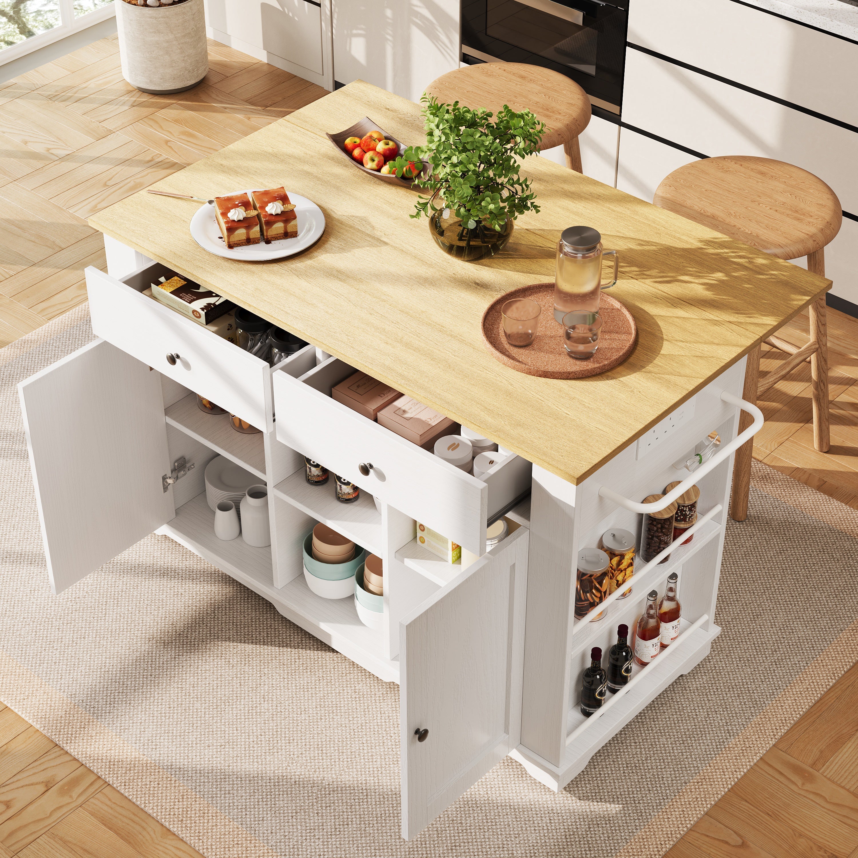 Kitchen Island with Power Strip and Wood Grain, White