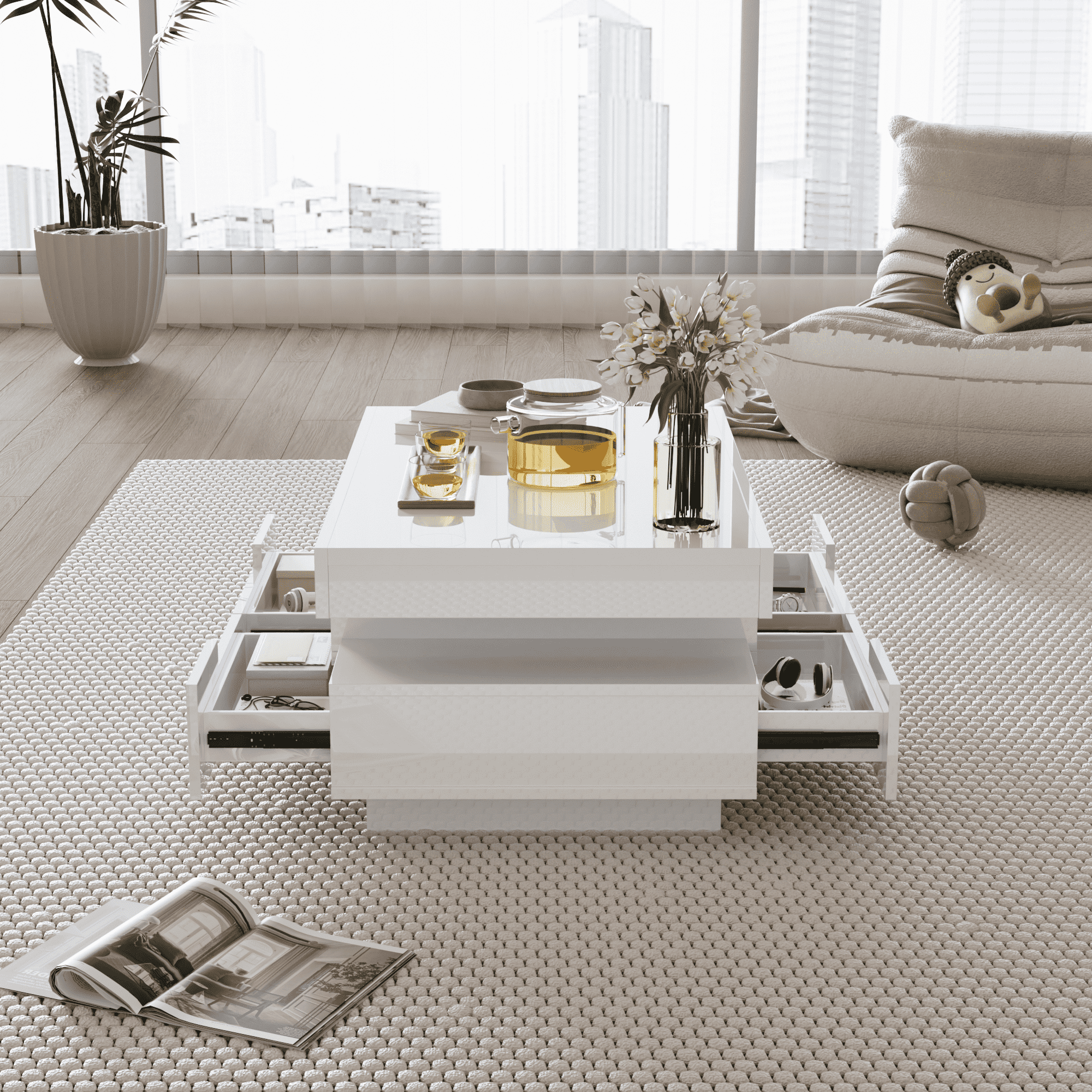 Coffee Table, High-Gloss, LED Light, Four Drawers, Large Storage