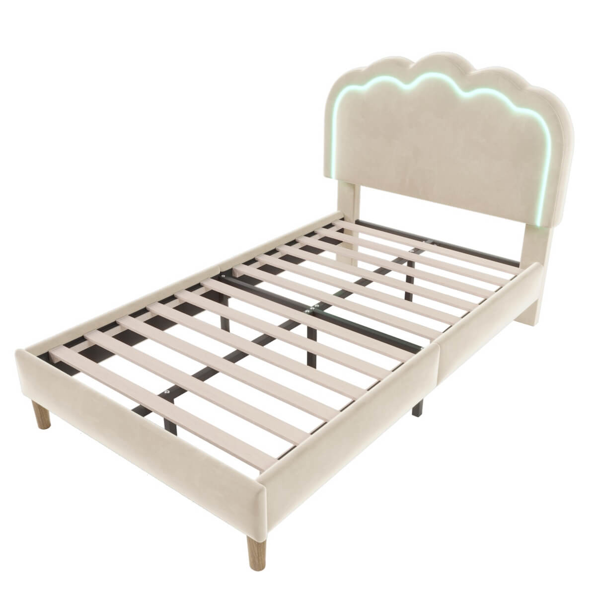 3ft Single Kids Bed with LED - Upholstered Velvet Bed Frame, Adjustable Headboard & Slatted Base, Beige