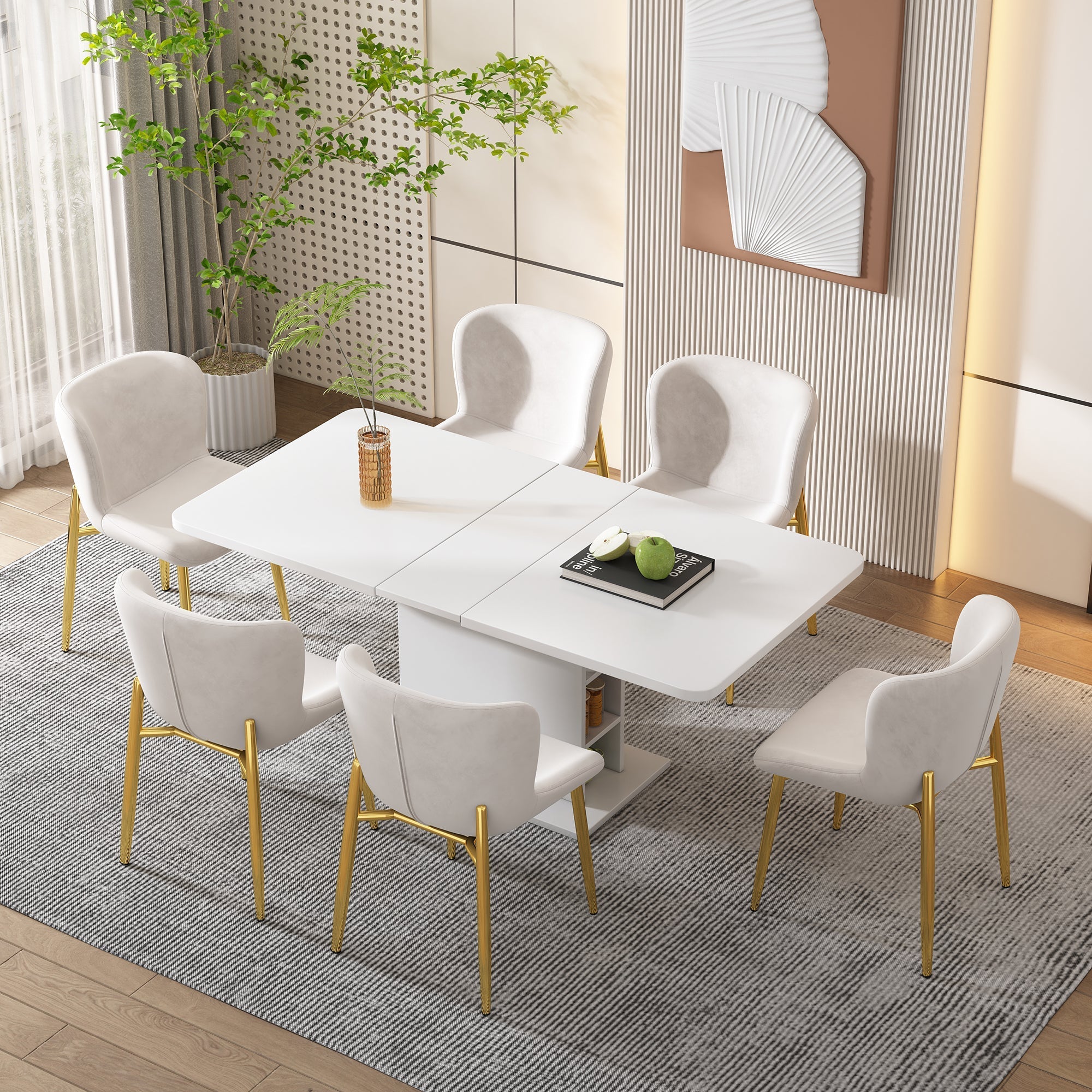 Dining Table - Extendable, Storage, Rectangular, Coffee Leisure, Modern Simple Iron, Space-Saving, Multifunctional - White
