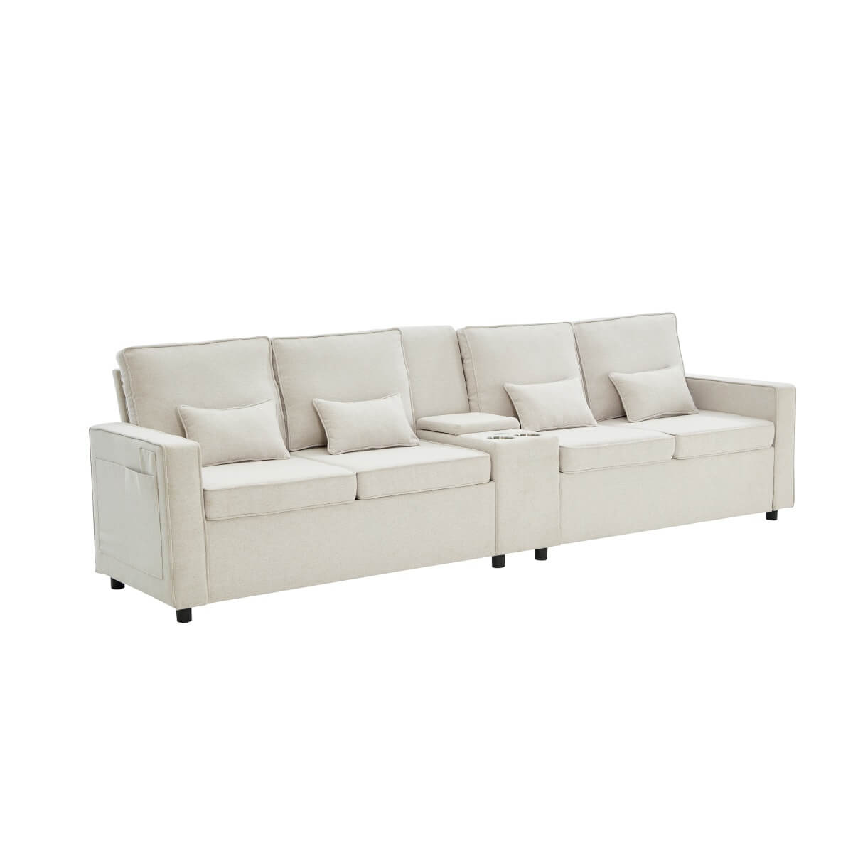 4-Seater Modern Sofa – Grey Linen, Storage Console, Cup Holders & USB/Type-C Charging