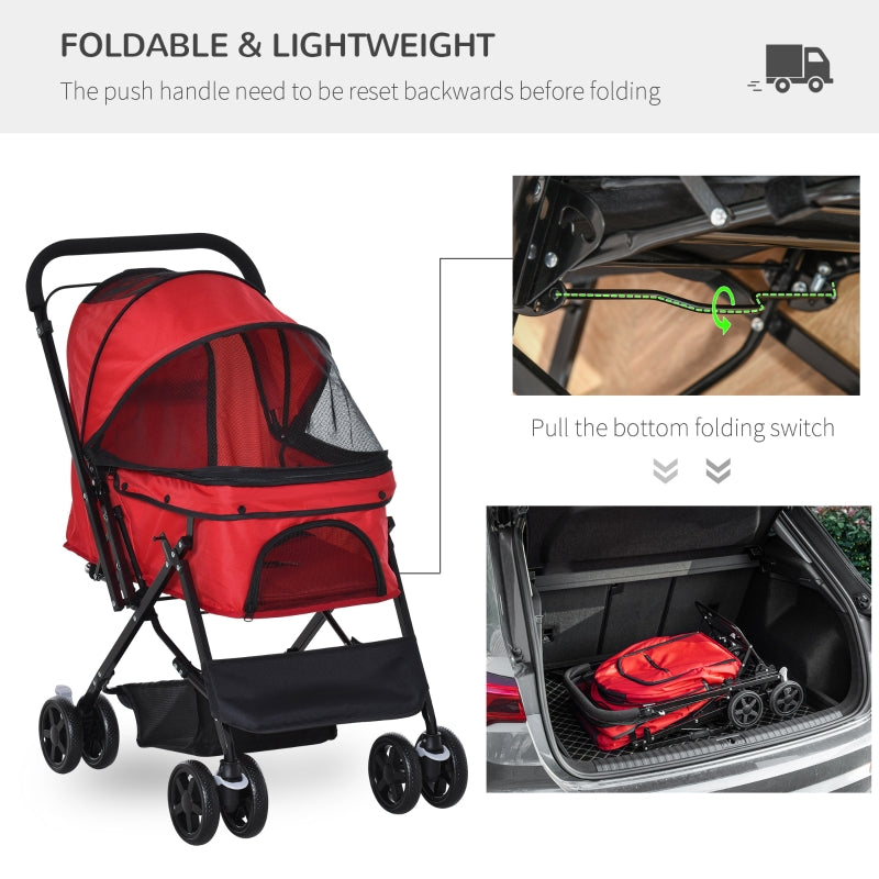 Pet Stroller, Foldable Jogger, Reversible Handle, Red