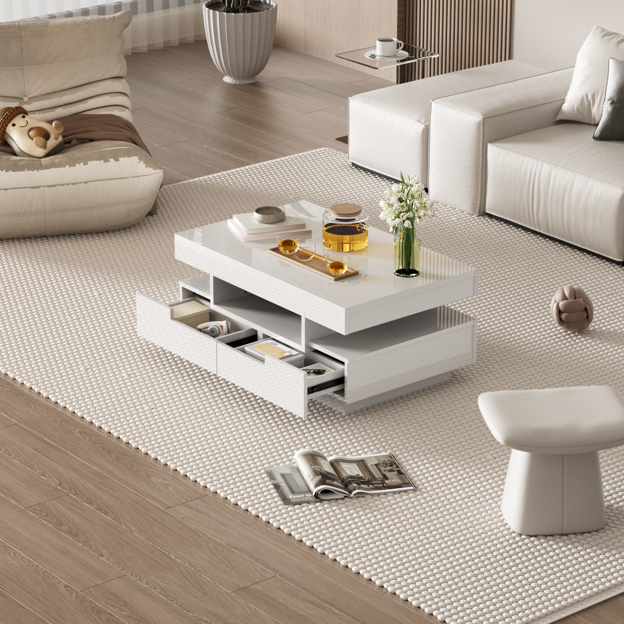 Coffee Table, High-Gloss, LED Light, Four Drawers, Large Storage