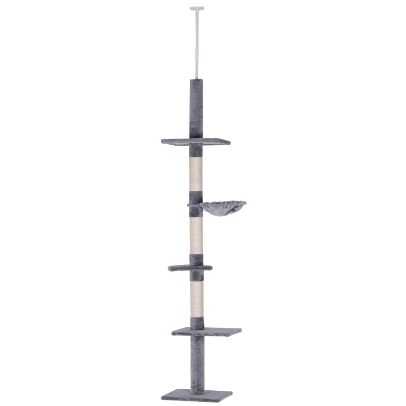 Floor to Ceiling Cat Tree - 5-Tier Kitty Tower Climbing Activity Center Scratching Post Adjustable Height - Grey