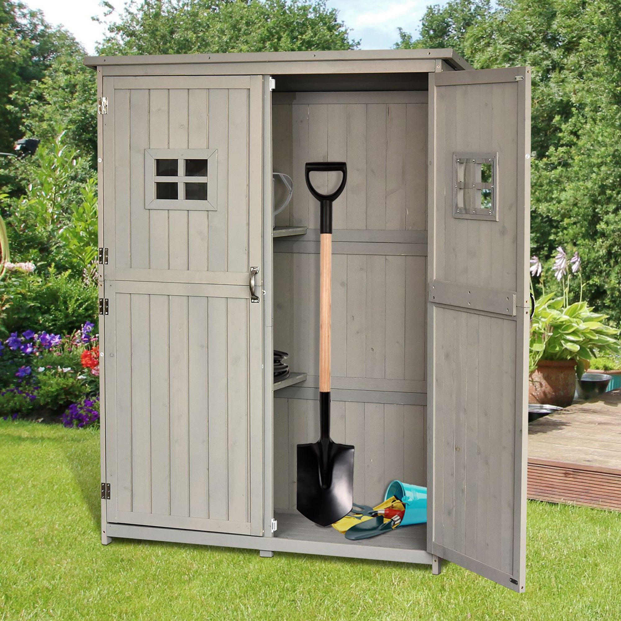 Wooden Garden Shed, Tool Storage Cabinet Outdoor Double Door Organizer, Grey