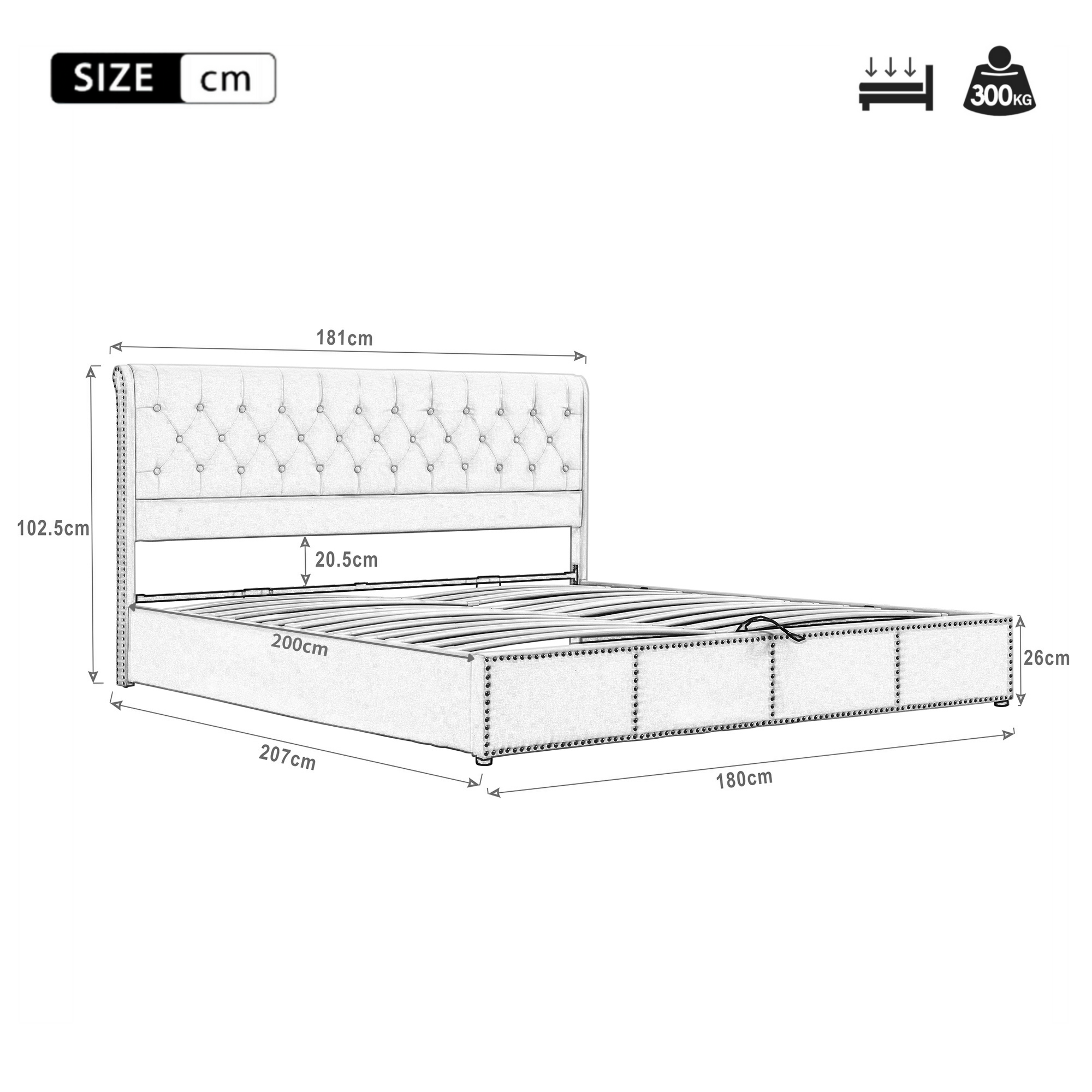 Upholstered Bed, Super King Size 6ft (180x200cm), Hydraulic Storage with Rivet Decoration, Light Grey Linen