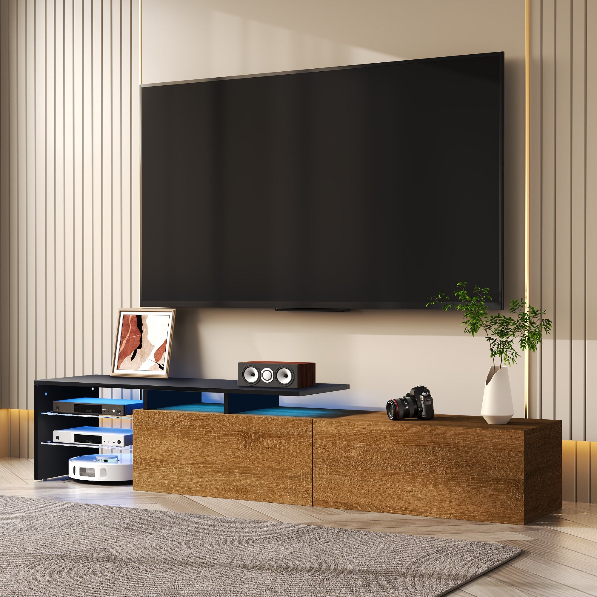 Modern TV Cabinet: Stylish, Elegant, Practical Storage with Glass Shelves, LED Lighting - Black and Wood Look