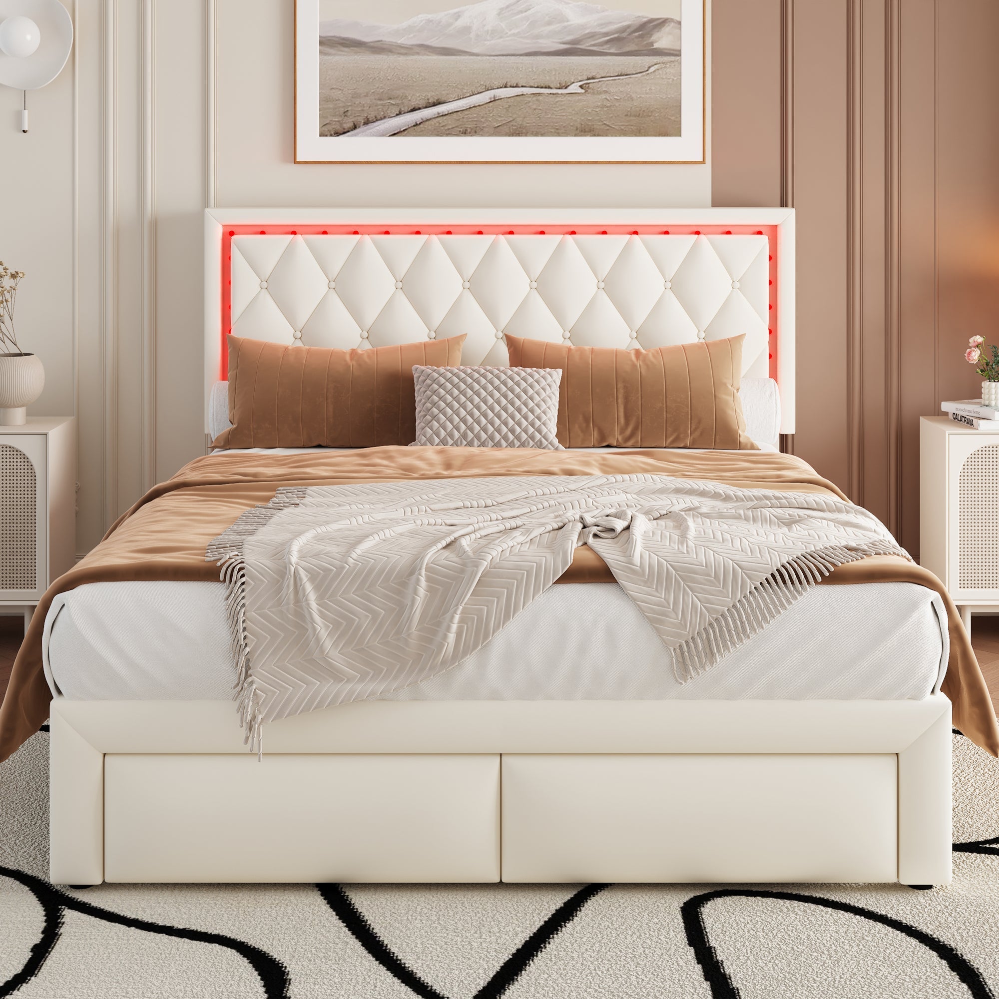 Upholstered Bed, 4ft6 Double 135x190cm, Comfortable Headboard, 2 Drawers, 16-Color LED-Light Strips, PU+Iron, Beige