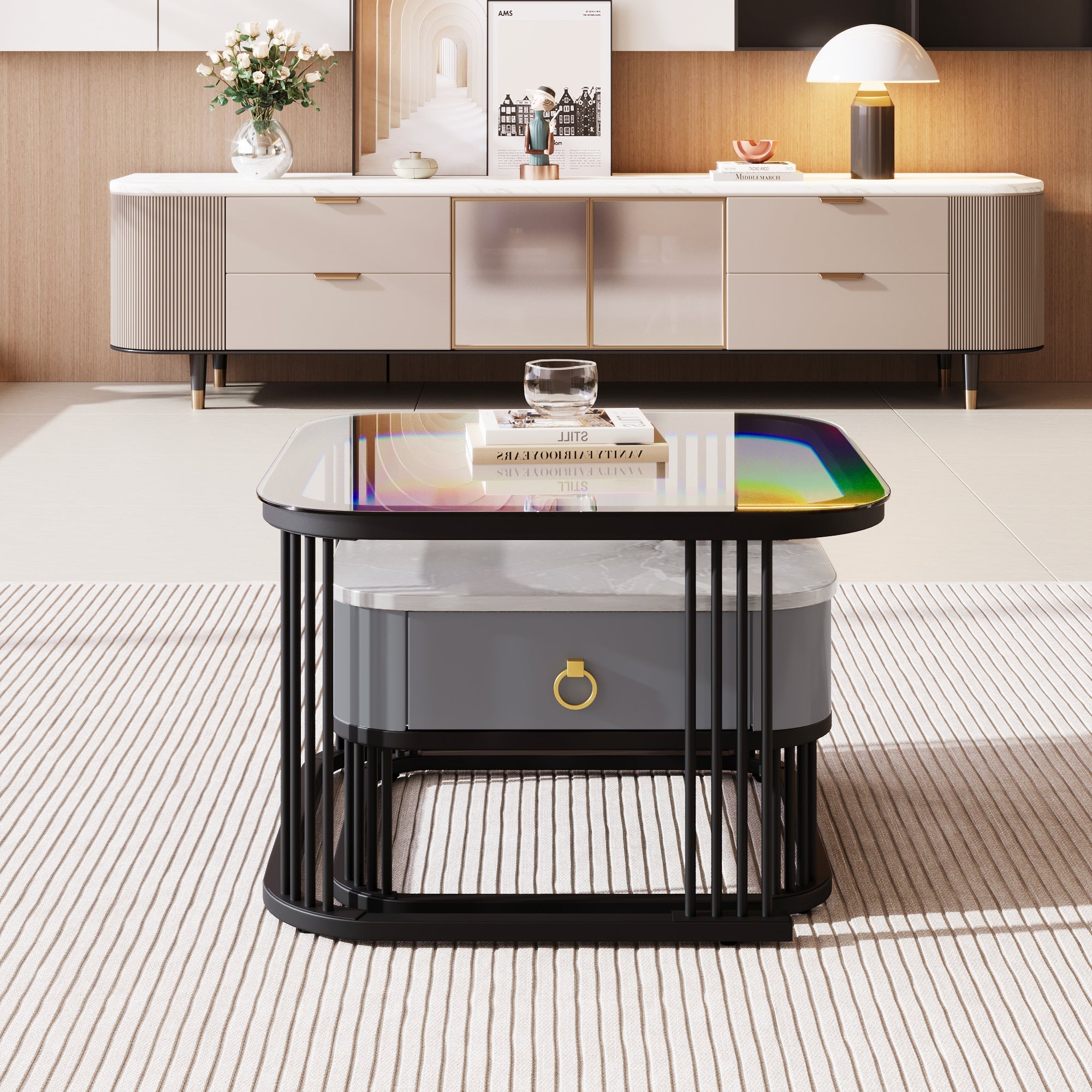 Nestable Coffee Table: High-Gloss Marble Exterior, Glass Tabletop, Black Table Legs, Side Table with Drawer (Set of 2)