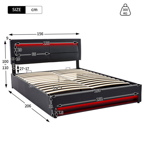 Upholstered Bed 150x200cm King Size, with USB & LED Lighting, Storage, Black PU Leather
