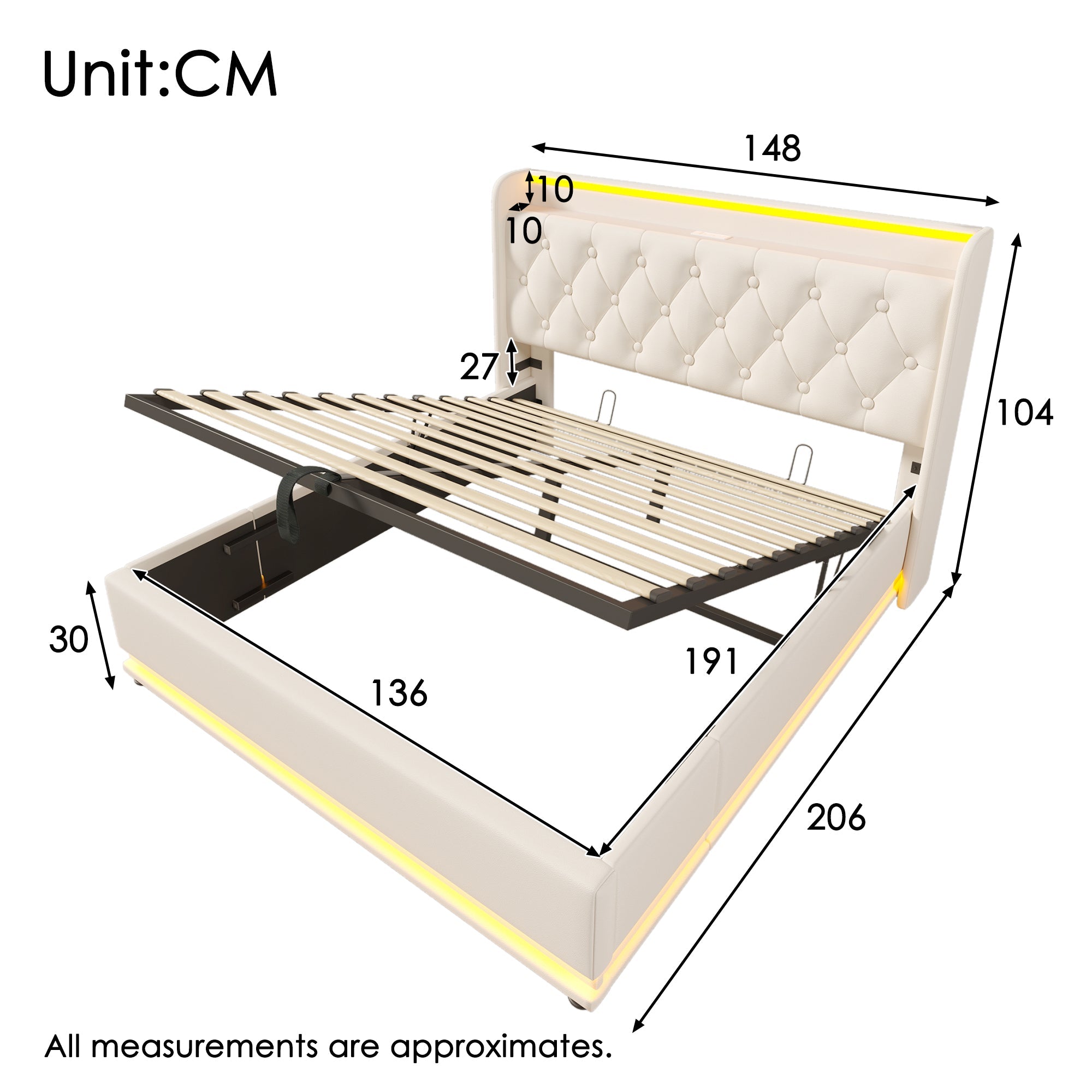 Upholstered Double Ottoman Bed with 360 Surround LED, Hydraulic Storage, Charging Function, PU, White