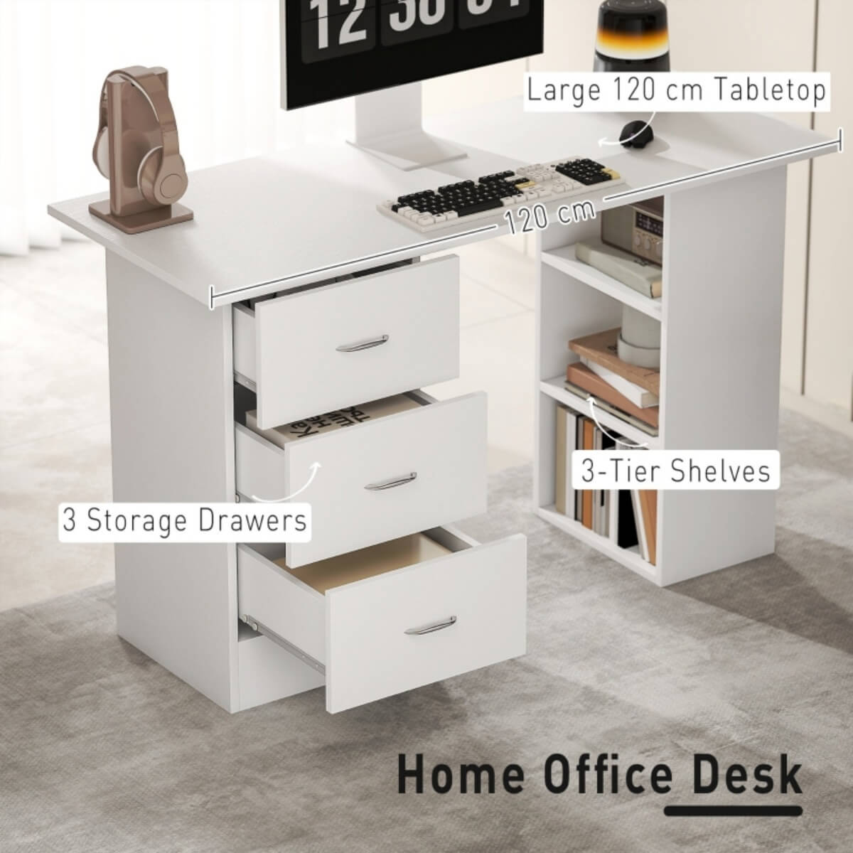 Computer Desk with Storage – Writing Desk with Drawers & Shelves for Home Office