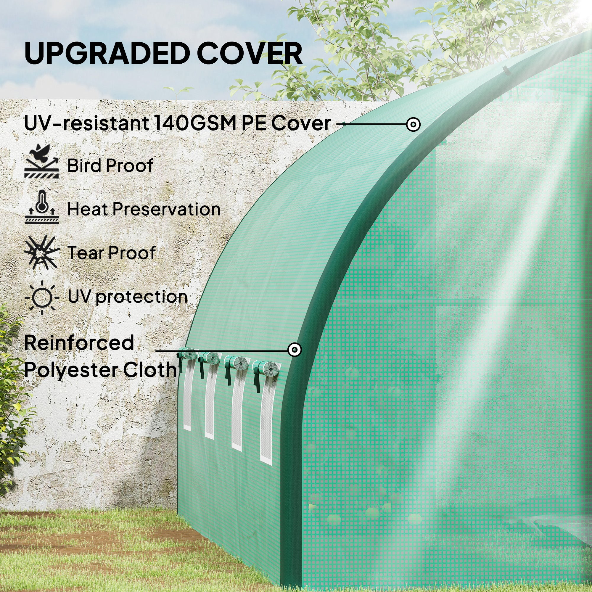 Polytunnel Greenhouse 4 x 3(m) with Windows and Doors - Green