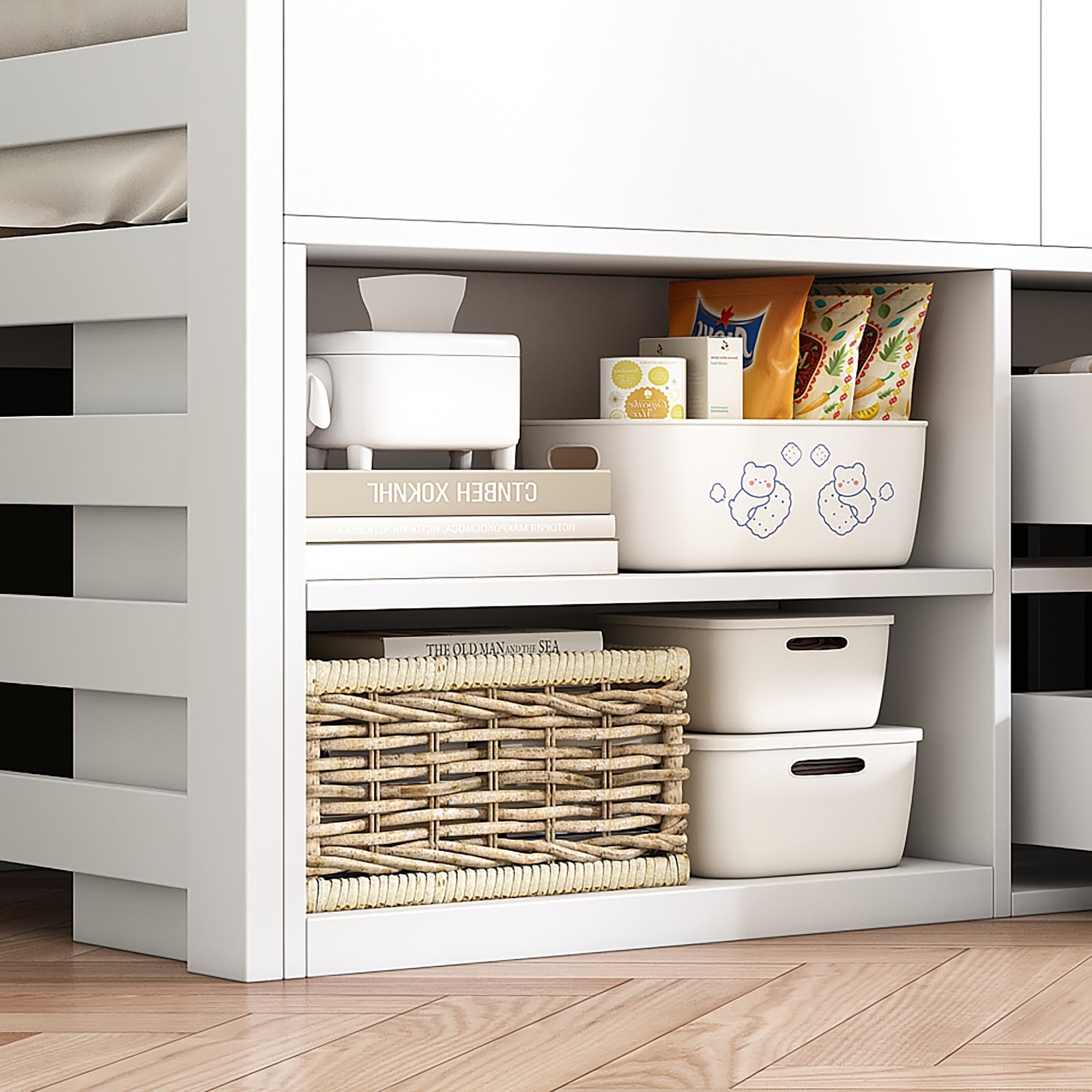 Cabin Bed Mid Sleeper, Storage Kids Wooden Bed with Drawers & Shelf, Low Sleeper 3ft Single, White Wood