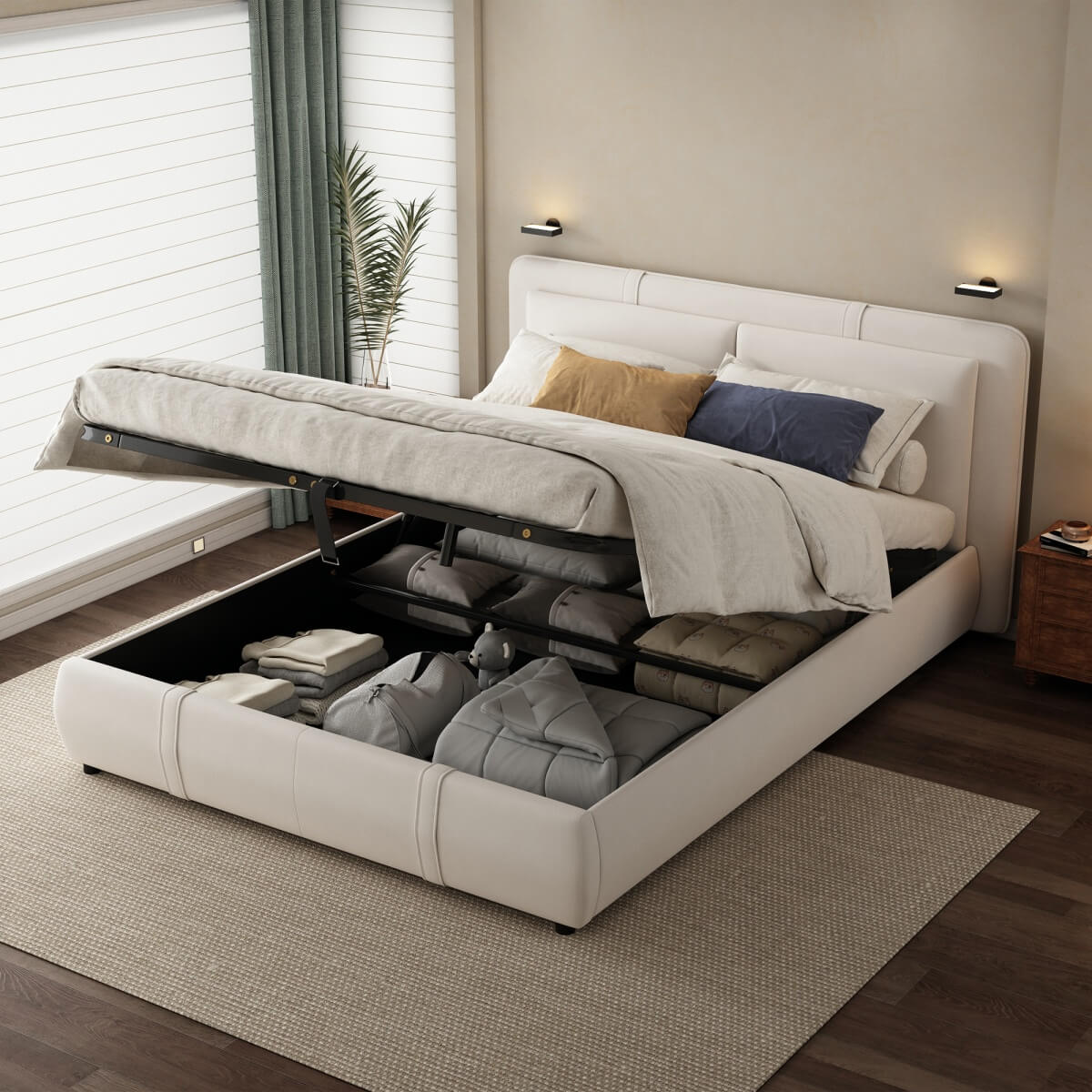 4ft6 Double Upholstered Storage Bed – Hydraulic Lift, Velvet Bed Frame with Removable Headboard, Beige