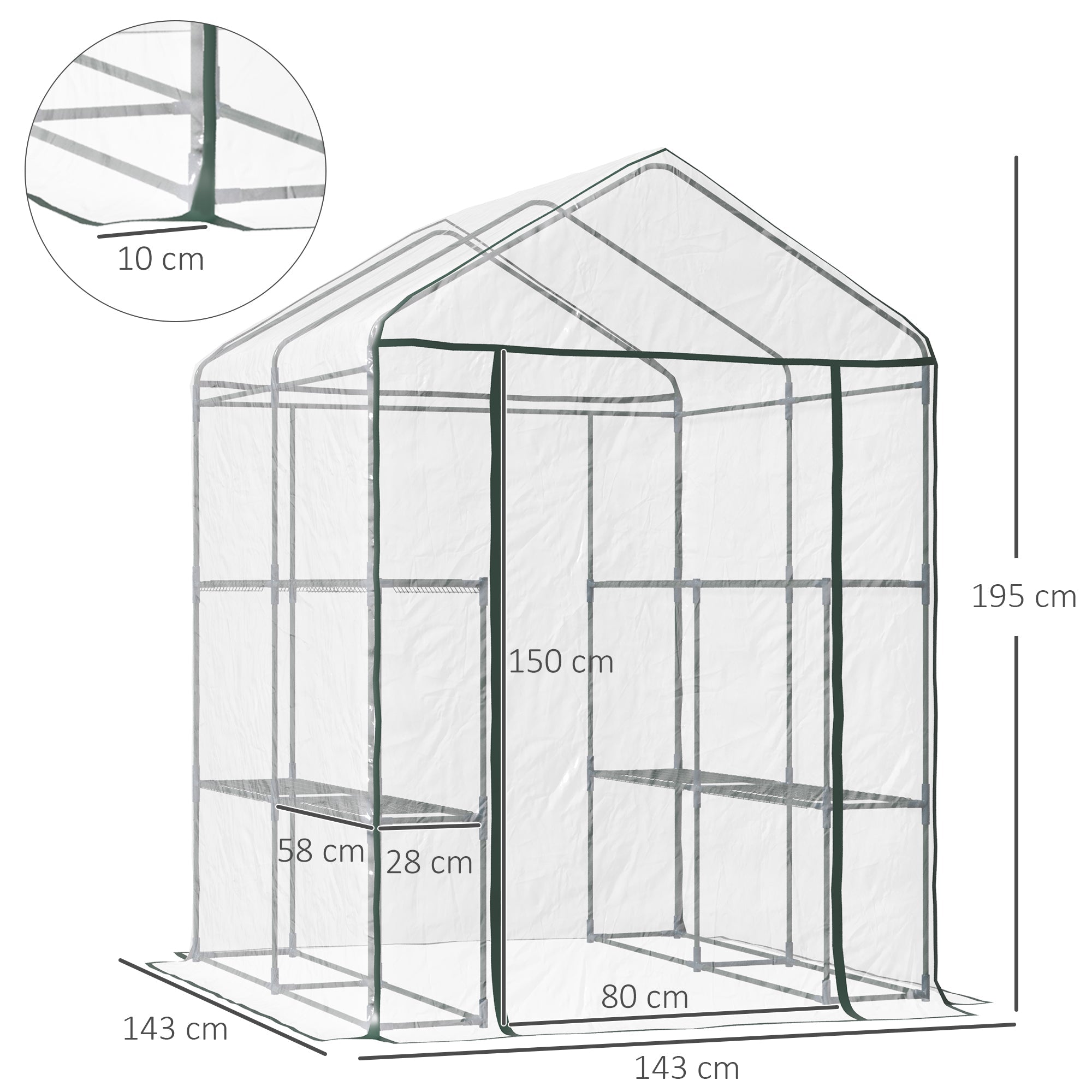 Walk in Greenhouse, 3-Tier 8 Shelves Roll-up Zipped Door, Steel Frame