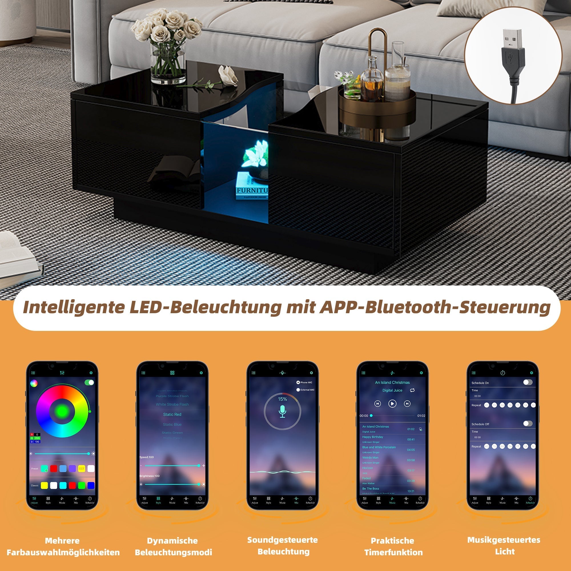 Led Coffee Table with 2 Drawer Storage, High Gloss Coffee Table for Living Room Unique Shape Centre Table with 16-Color Led Lights,End Table for Home Office Furniture, Black