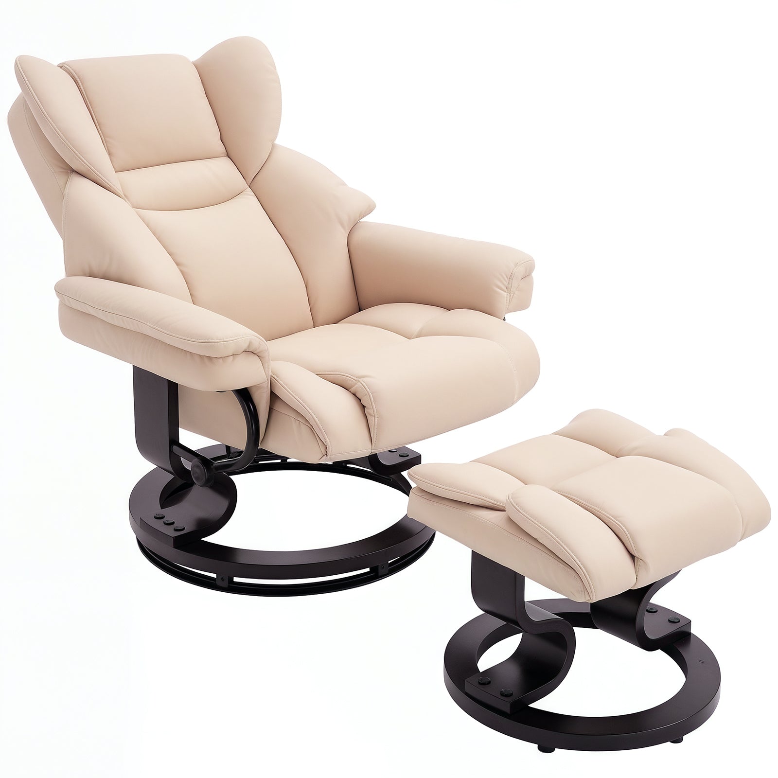 360¡ã Swivel Recliner Chair with Footstool, PU Leather Manual Reclining Armchair, Cream