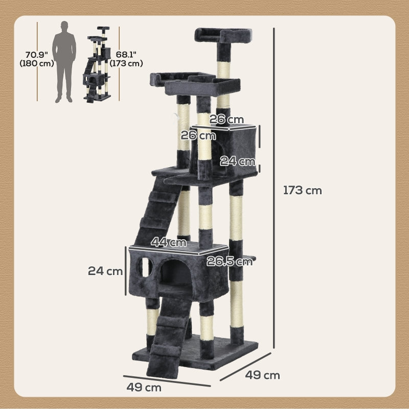 Cat Tree, 173cm Scratching House Activity Play Centre, Charcoal Grey