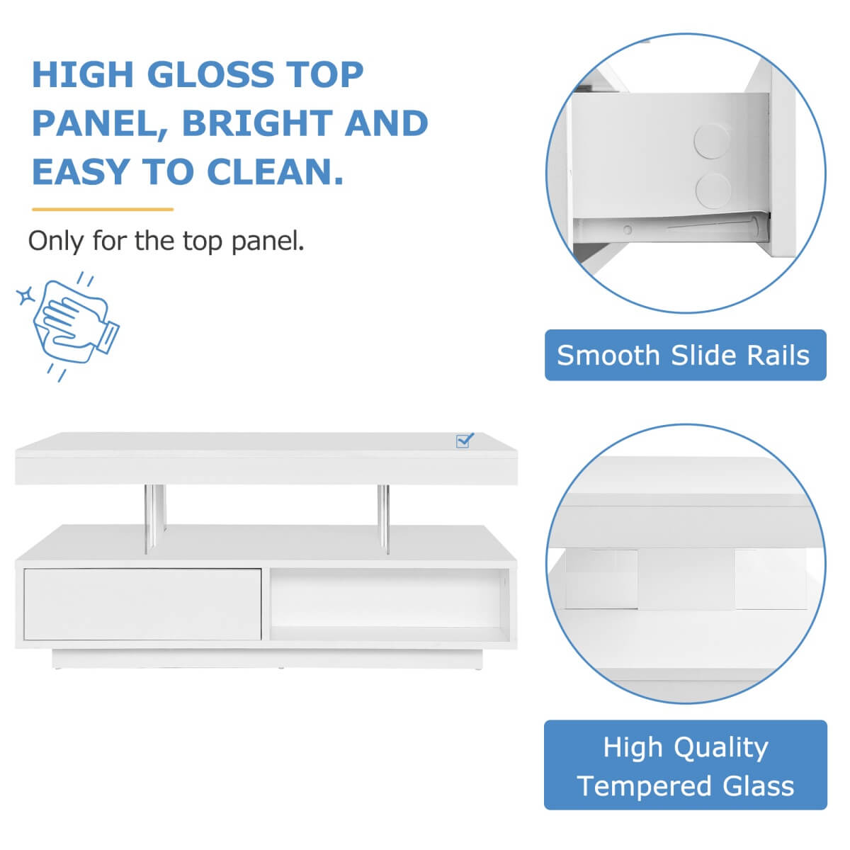 LED Coffee Table with Storage – High Gloss Centre Table with 2 Drawers, White