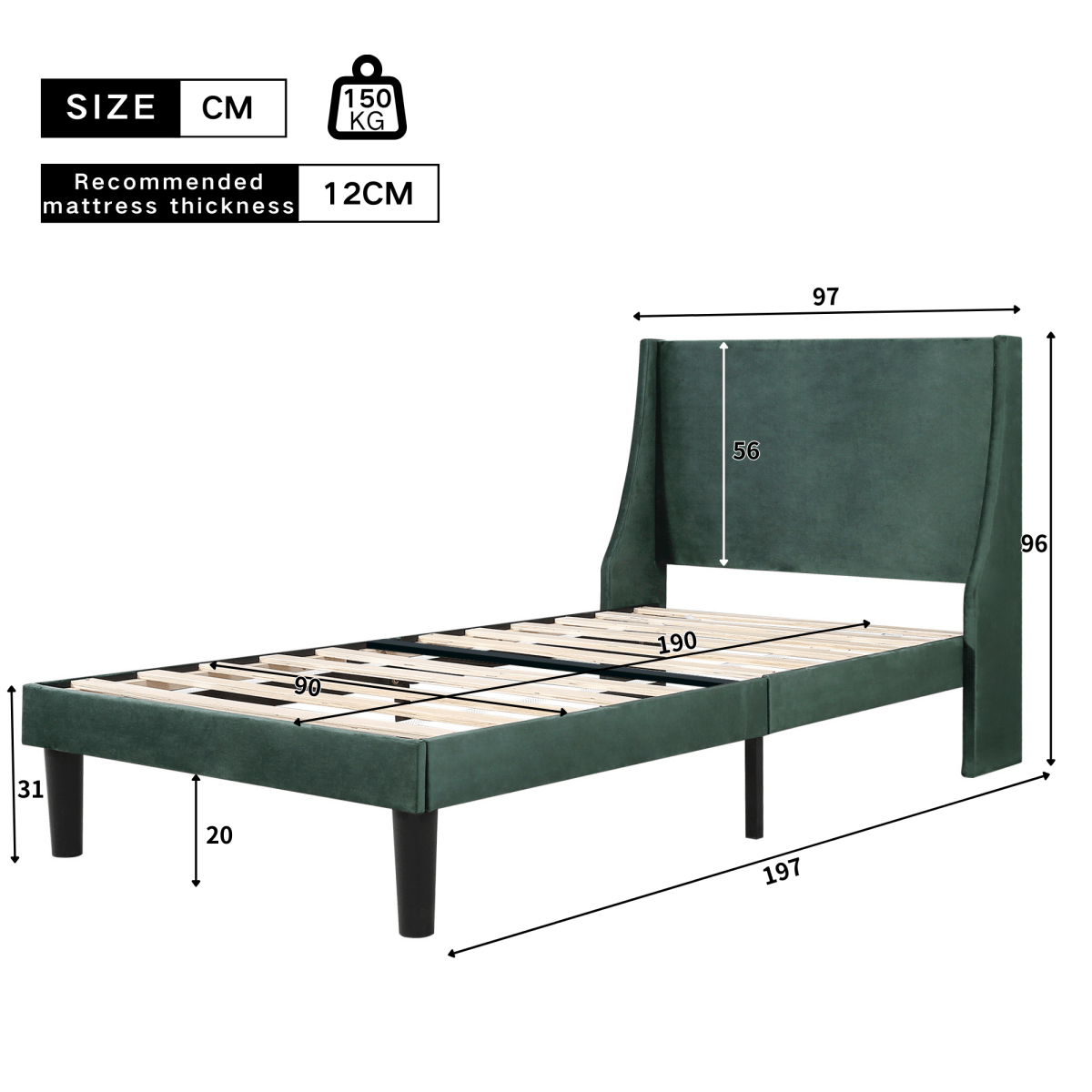 3FT Single Upholstered Velvet Bed – Winged Headboard with Slatted Base