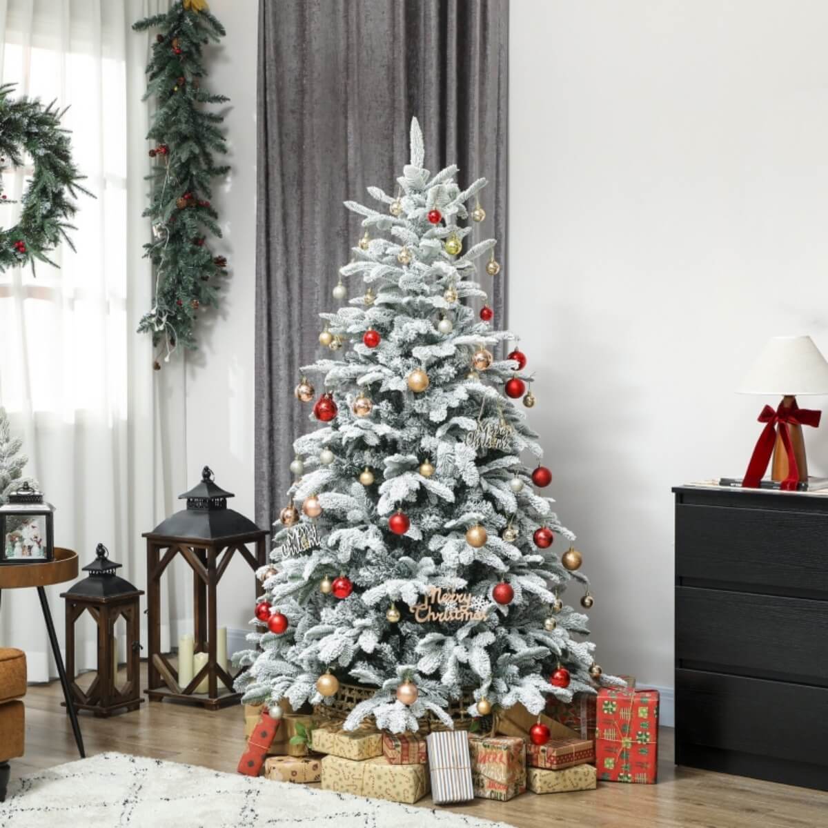 6FT Artificial Flocked Christmas Tree – Full PVC Branches, Hinged Design, Foldable Metal Stand, Easy Assembly