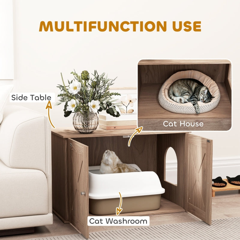 Cat Litter Box Enclosure, Double Doors Side Entrance Non-Slip Pads, Walnut Brown