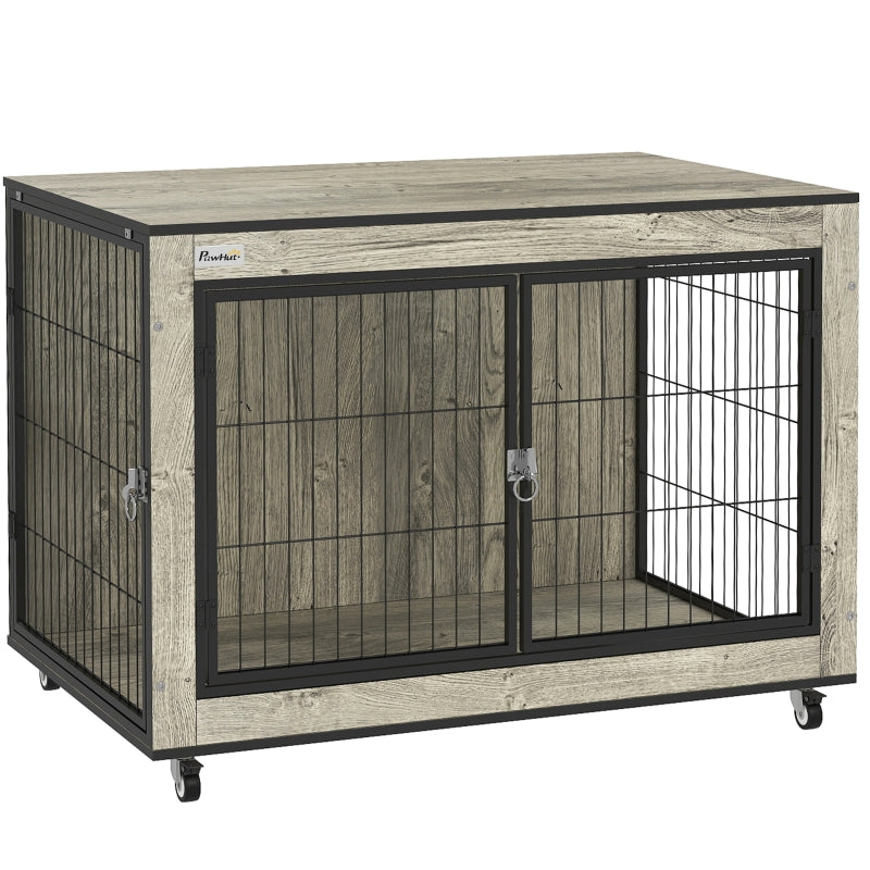 Dog Crate Furniture, Double Doors with Wheels, for Medium Dogs, Grey