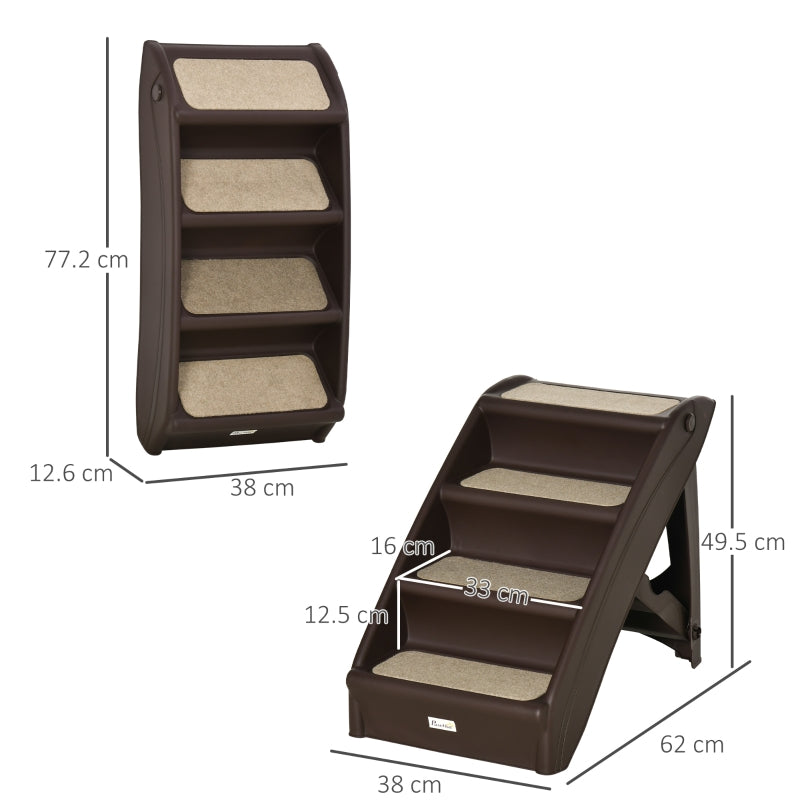 Foldable Four-Step Pet Stairs, Non-Slip Mats, Brown