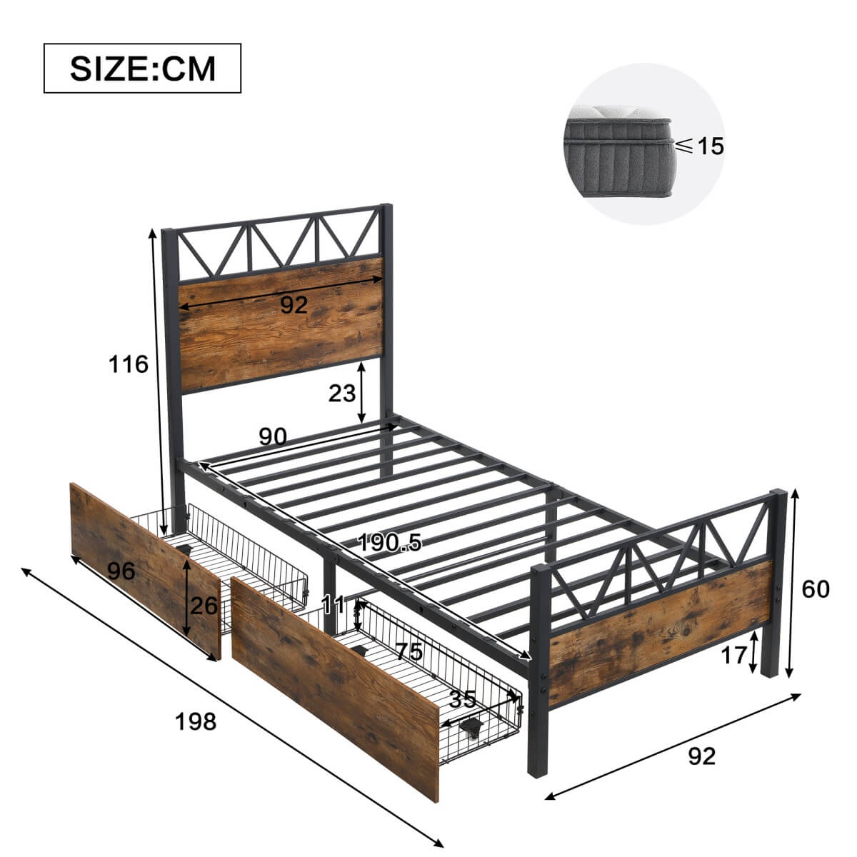 3ft Single Metal Storage Bed Frame with Drawers - Iron Bed for Adults & Teenagers