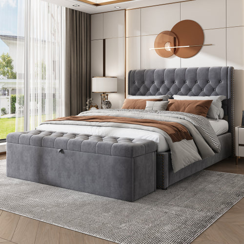 Upholstered Bed, Double 4ft6 (135x190cm) with Hydraulic Lever, Storage & Rivet Decoration, Velvet Grey