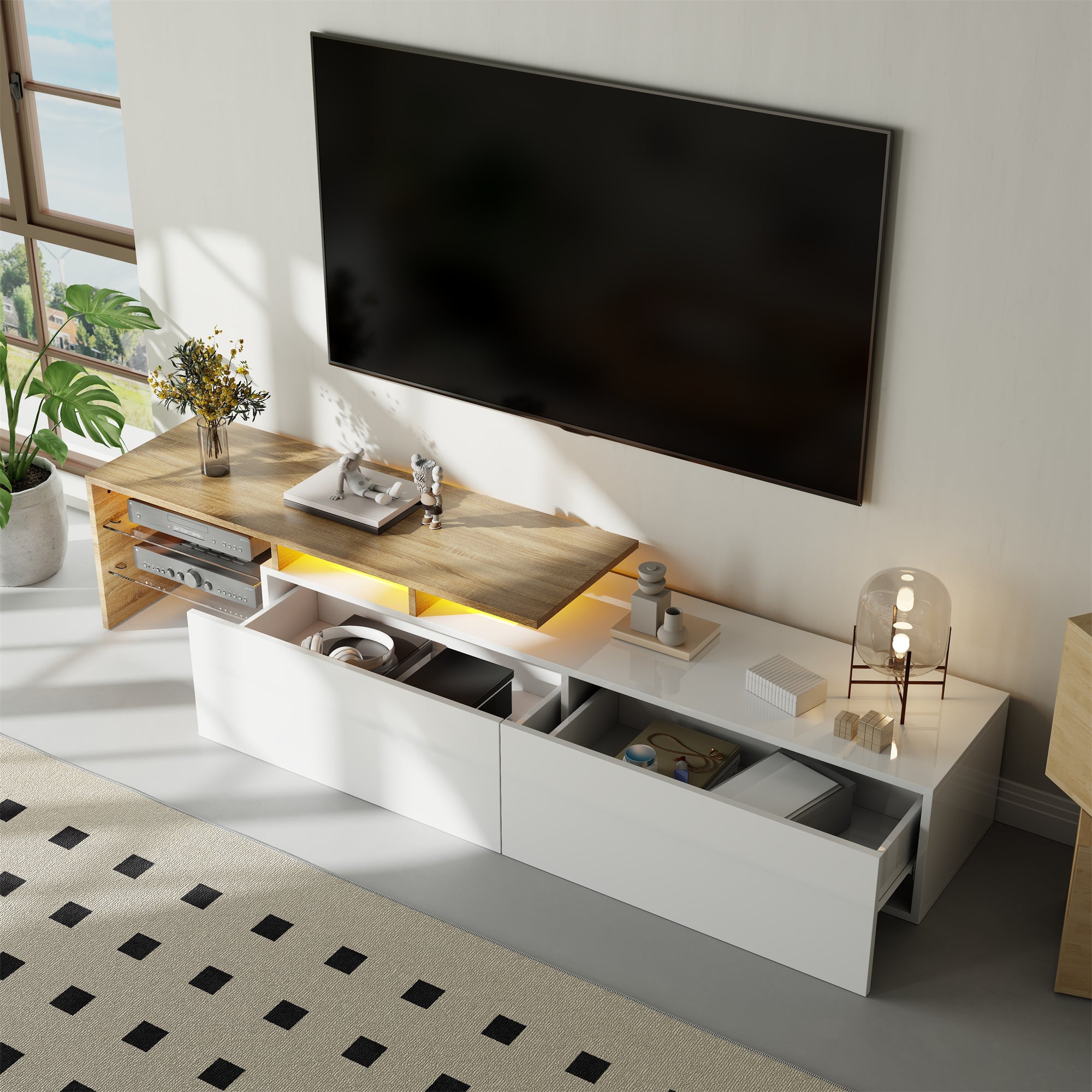 TV Cabinet with Glass Shelves and LED Lighting, High-Gloss White and Wood Look